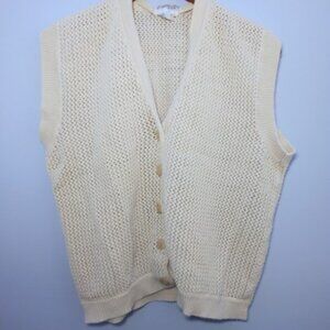 Vintage Sweater Vest Knit Cotton Cream Large Cottage Core Coastal Boho V Neck